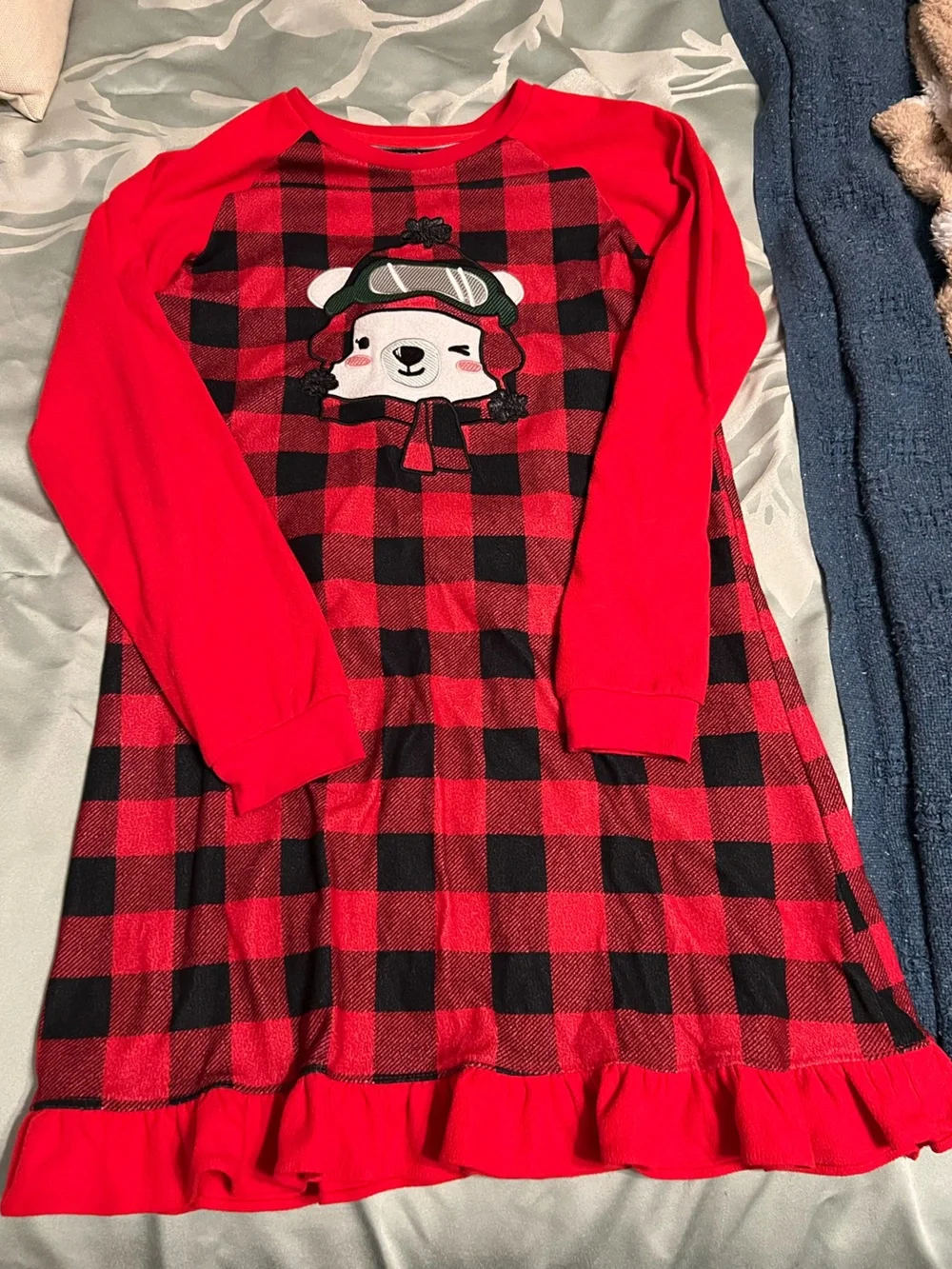 Cuddl Duds Girls XL fleece Red and Black Buffalo Plaid KidsNightgown with Bear
